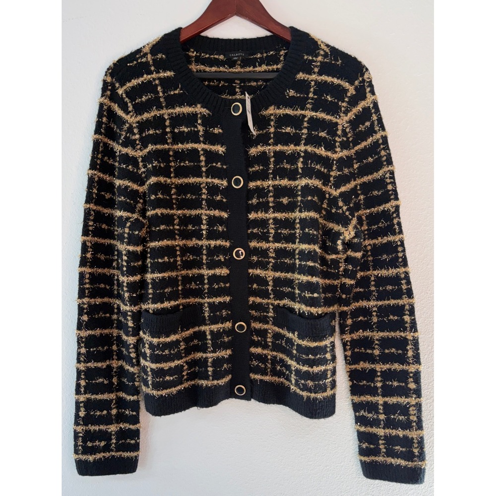 Talbots Boucle Metallic Tweed Plaid Cardigan Blazer Lady Jacket Black Gold NWT M